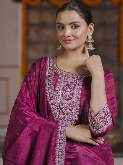 Women Embroidered Regular Sequinned Kurta with Trousers & With Dupatta