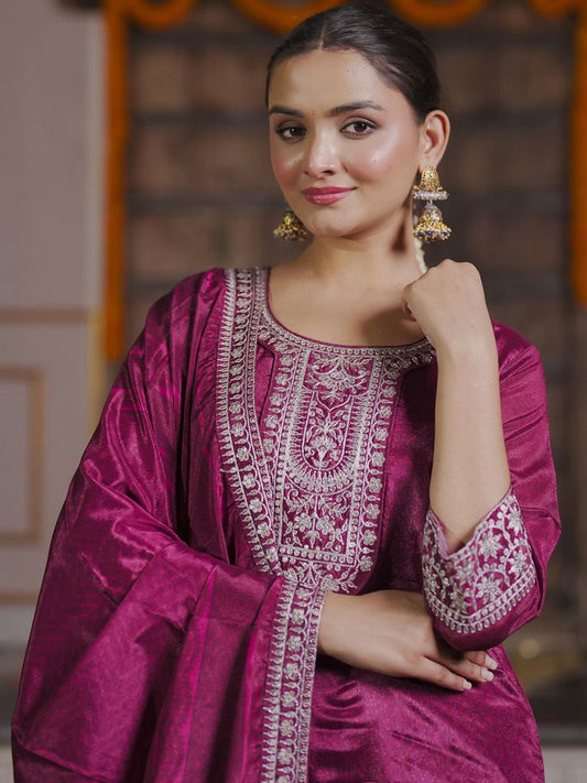 Women Embroidered Regular Sequinned Kurta with Trousers & With Dupatta