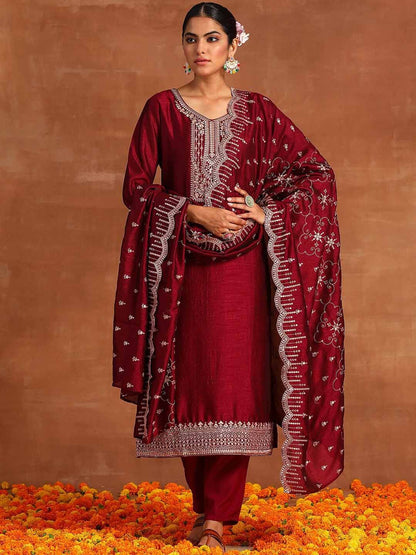 Dhiyona IE Floral Yoke Design Sequinned Straight Kurta With Trouser & Dupatta