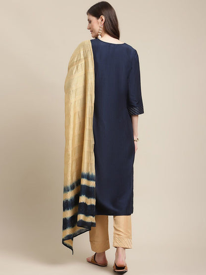 Dhiyona VA Women's Navy Blue Floral Embroidered Kurti Set With Dupatta