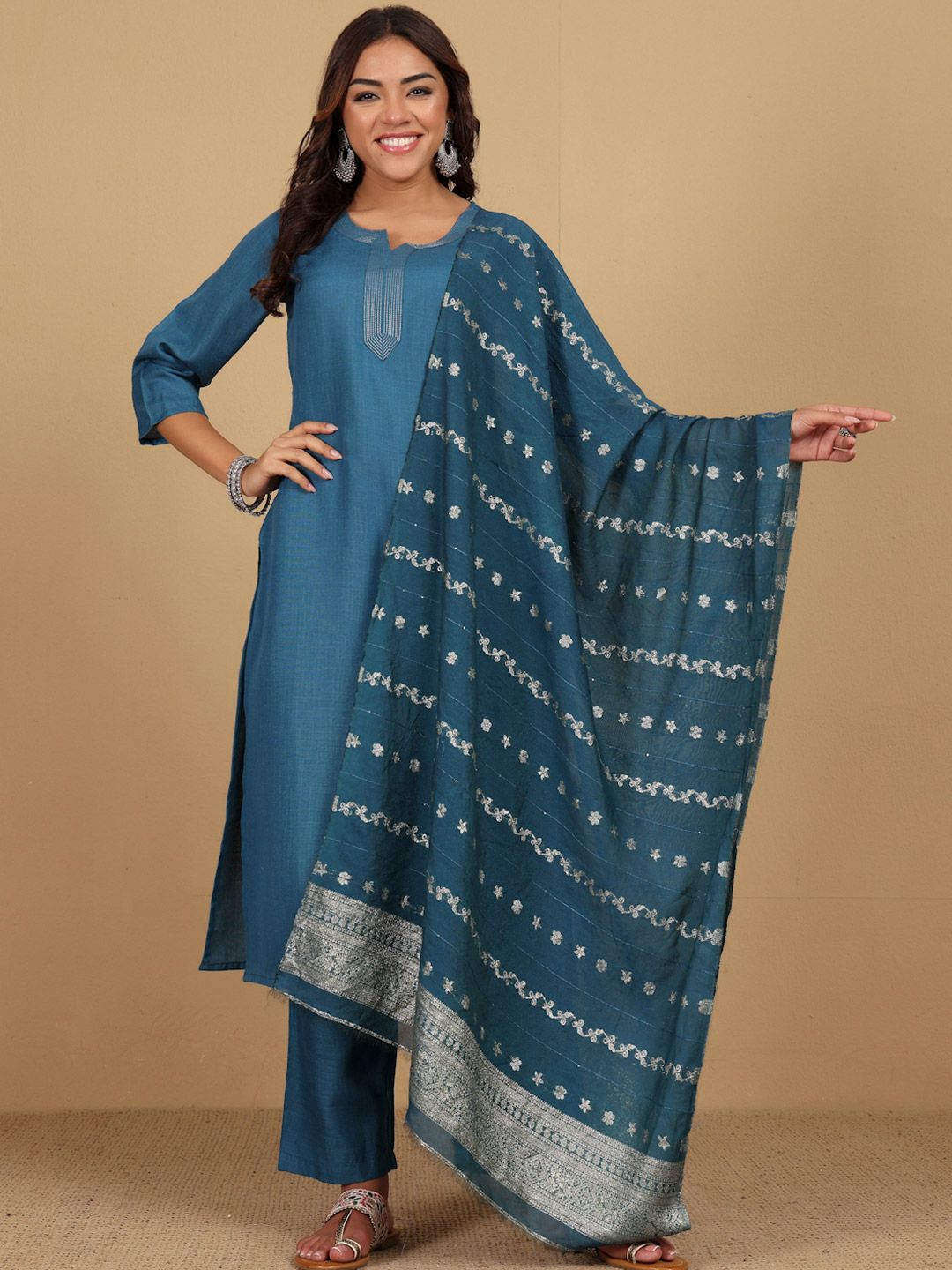 Dhiyona VA Women'sYoke Design Thread Work Notc Neck Straight Kurta With Trousers And Dupatta