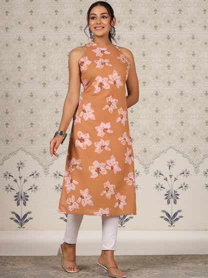 Dhiyona OD  Floral Printed Sleeveless Pure Cotton Straight Kurta