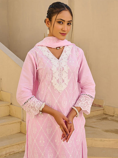 Women Embroidered Regular Thread Work Pure Cotton Kurta Set With Dupatta