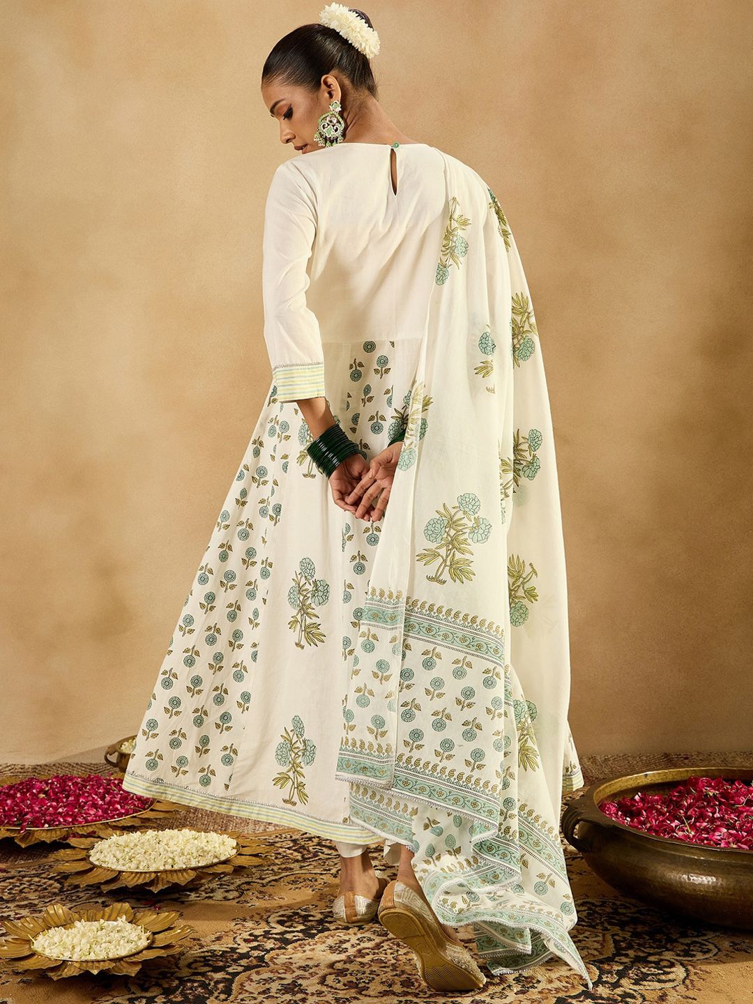 Floral Printed Empire Sequinned Pure Cotton A-Line Kurta With Trousers & Dupatta