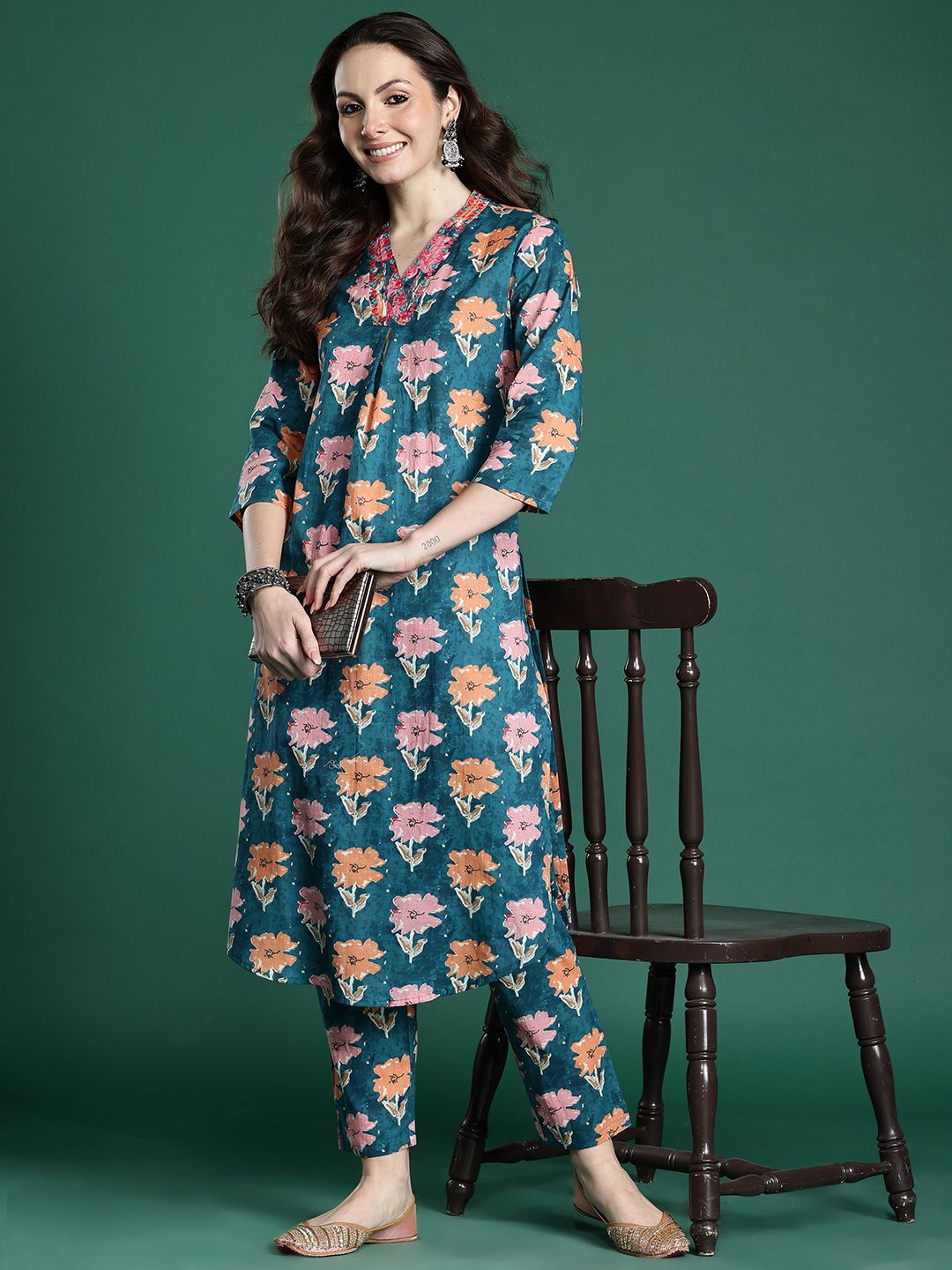 Dhiyona IE Floral Printed Pleated Pure Cotton Kurta with Trousers