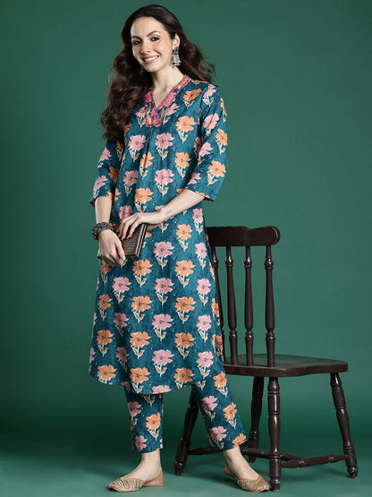 Floral Printed Pleated Pure Cotton Kurta with Trousers