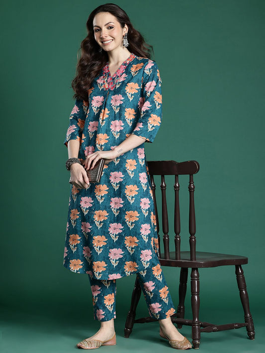 Floral Printed Pleated Pure Cotton Kurta with Trousers
