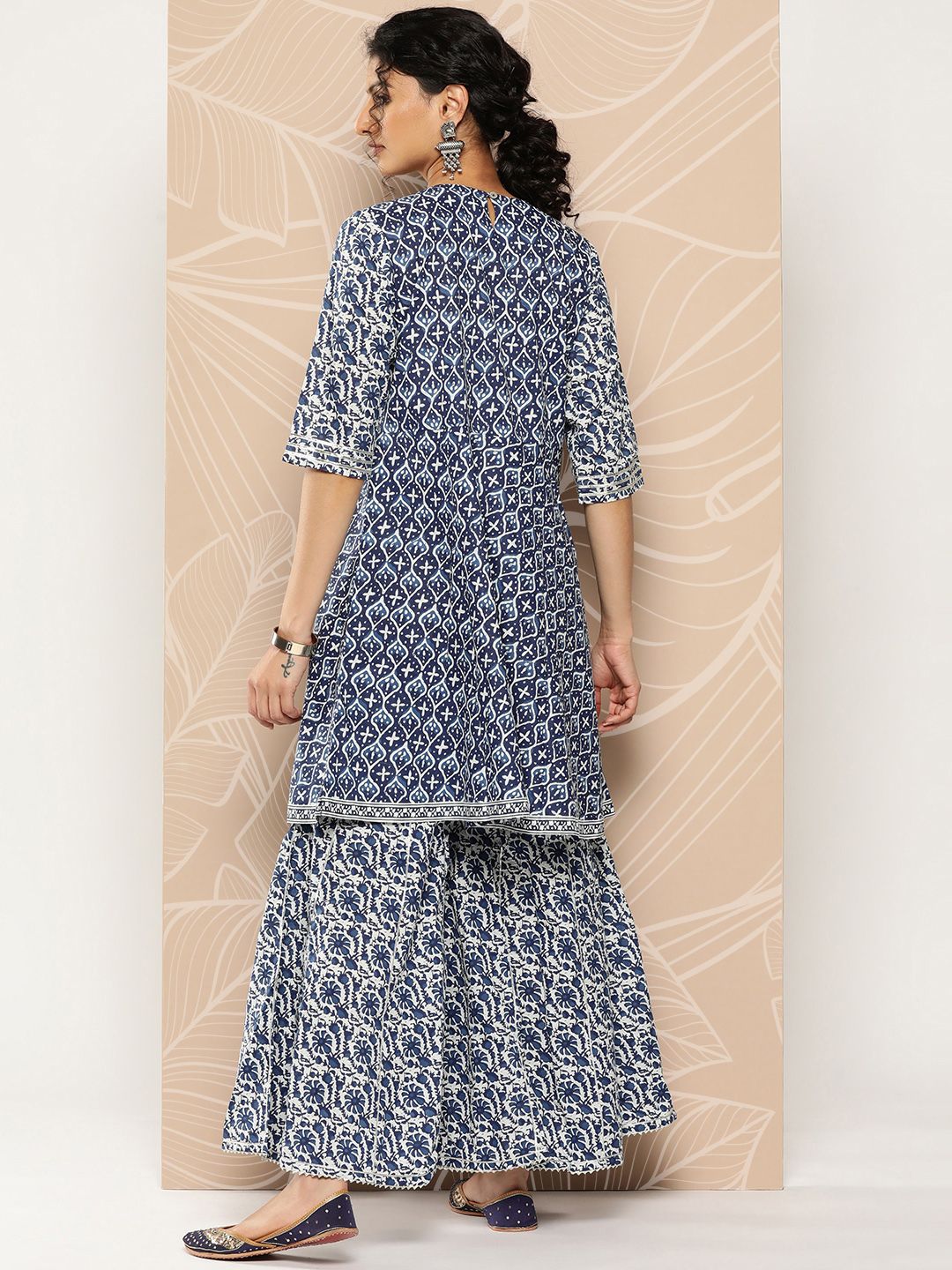 Dhiyona VA Women'sEthnic Motifs Printed Pleated Gotta Patti Pure Cotton Kurti With Sharara