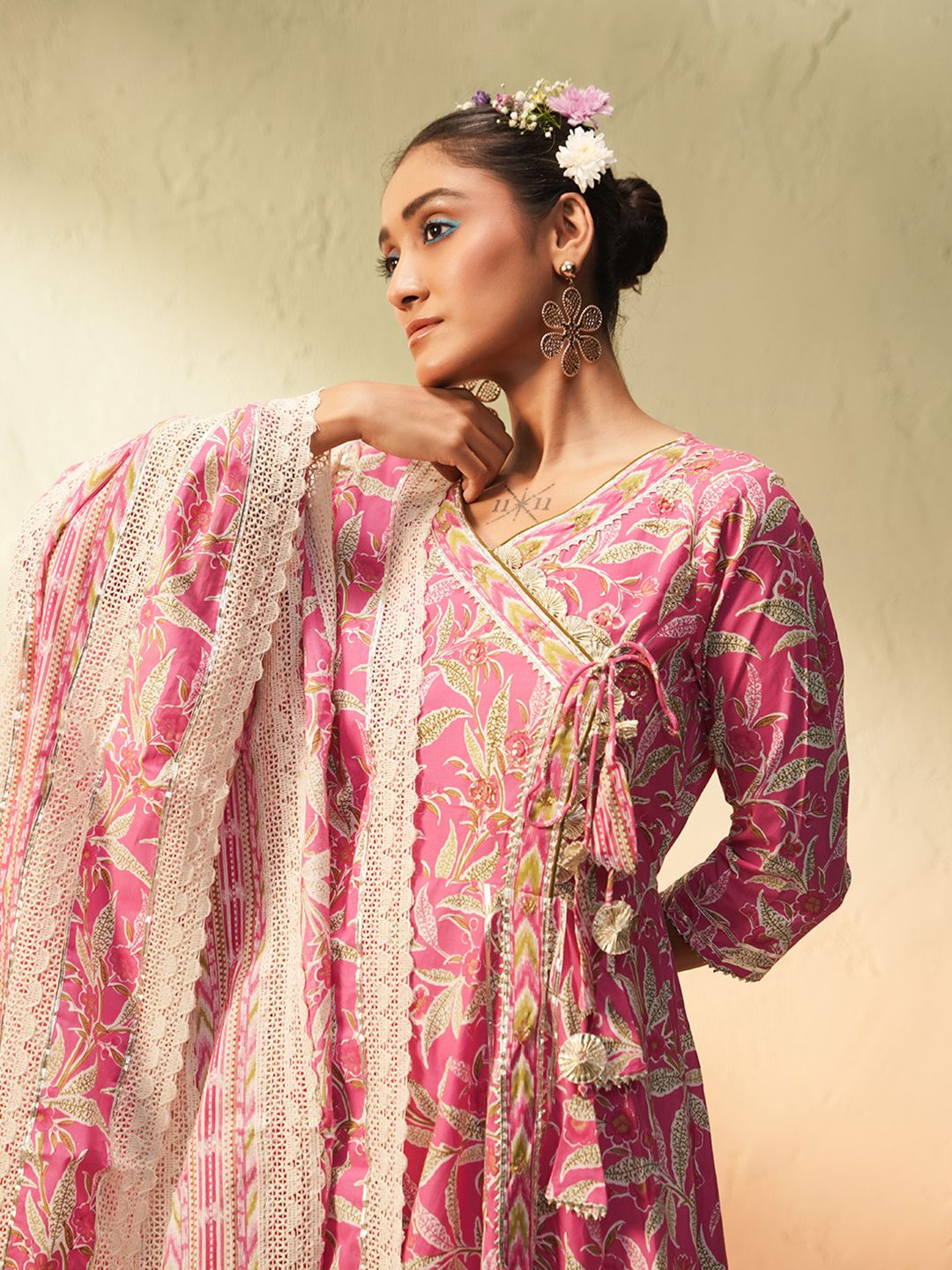 Dhiyona IS Women's Floral Printed V-Neck Angrakha Pure Cotton Anarkali Kurta With Trousers & Dupatta