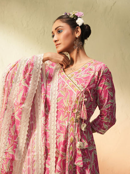 Dhiyona IS Women's Floral Printed V-Neck Angrakha Pure Cotton Anarkali Kurta With Trousers & Dupatta