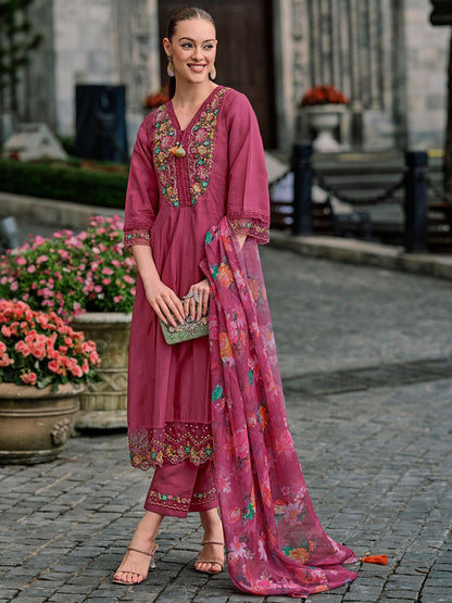 Women Floral Yoke Design Regular Thread Work Kurta with Trousers & With Dupatta