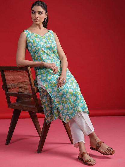 Dhiyona IE Floral Printed Sweetheart Neck Sleeveless Cotton Straight Kurtas