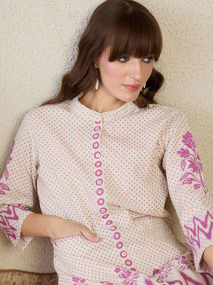 Floral Printed Mandarin Collar Straight Kurta With Trousers