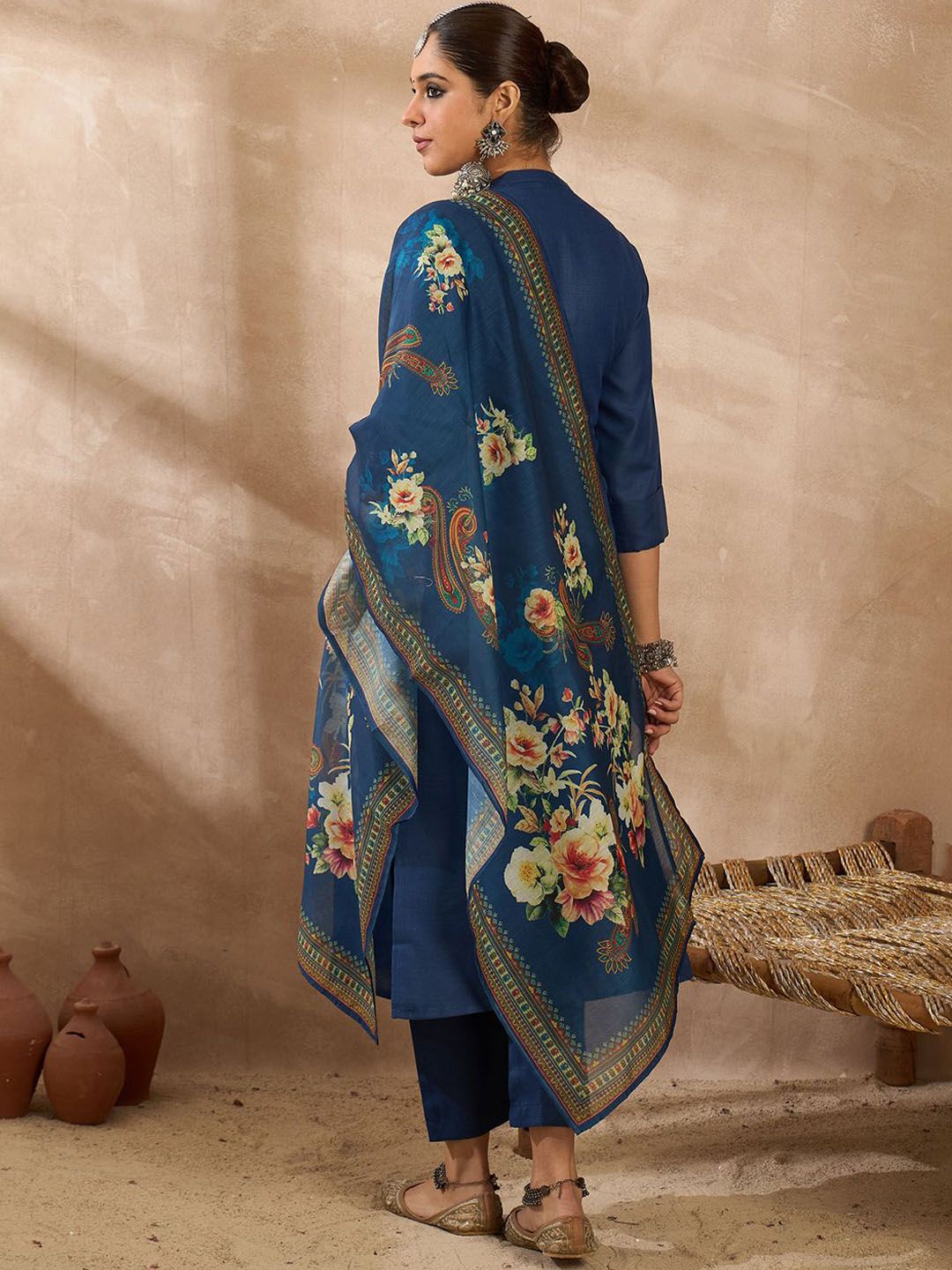 Floral Embroidered Mandarin Collar Kurta With Trousers & Dupatta