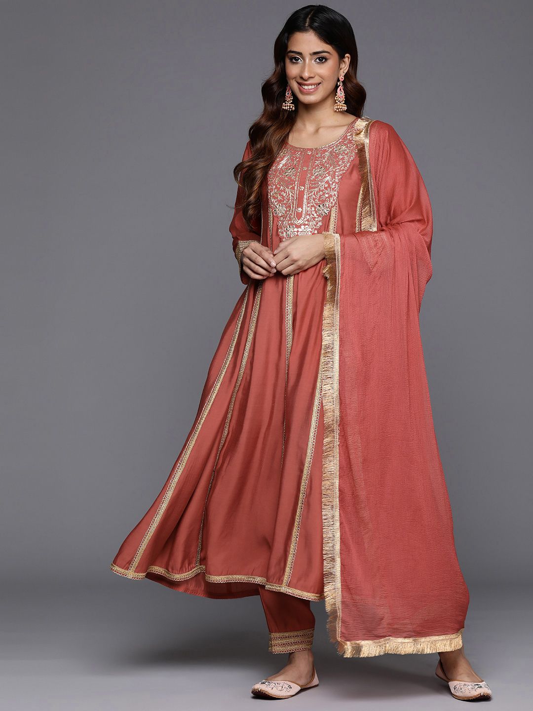 Dhiyona VA Women'sFloral Embroidered Panelled Sequinned Kurta with Trousers & Dupatta