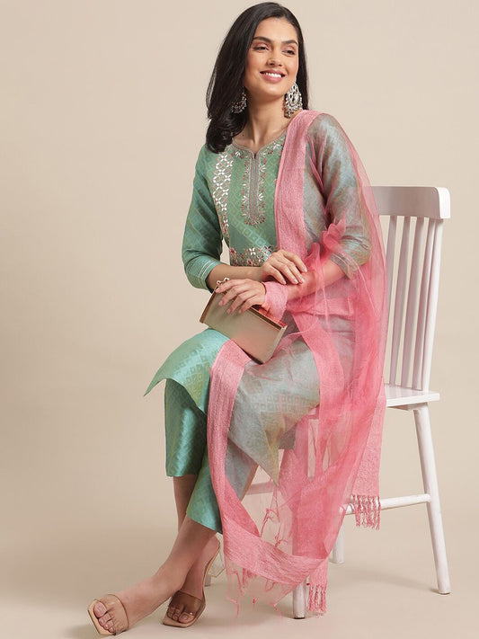 Dhiyona VA Women's Sea Green Thread Embroidered Yoke Textured Kurta with Trouser