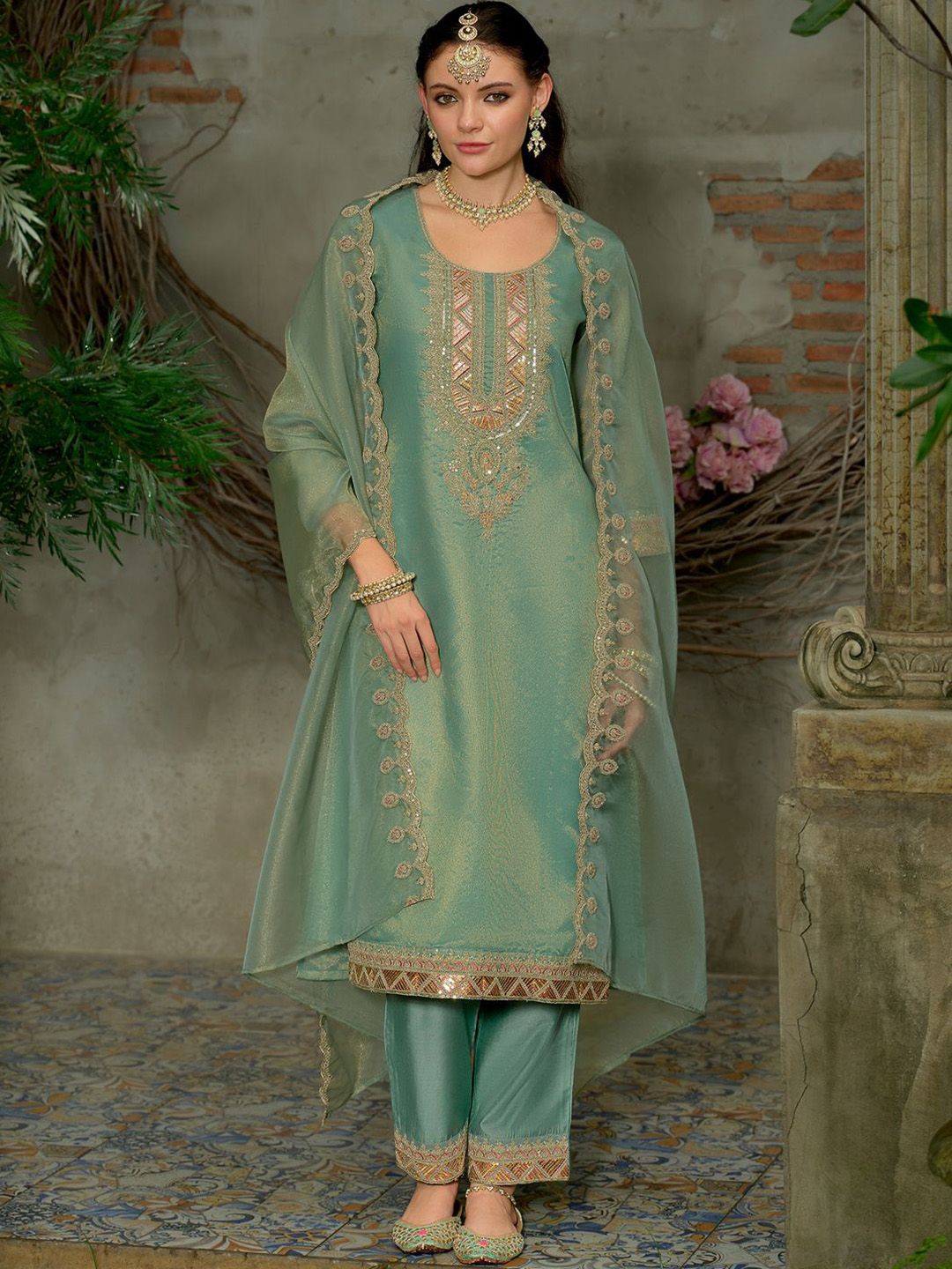 Dhiyona IE Women's Ethnic Motifs Embroidered Kurta with Trousers & Dupatta