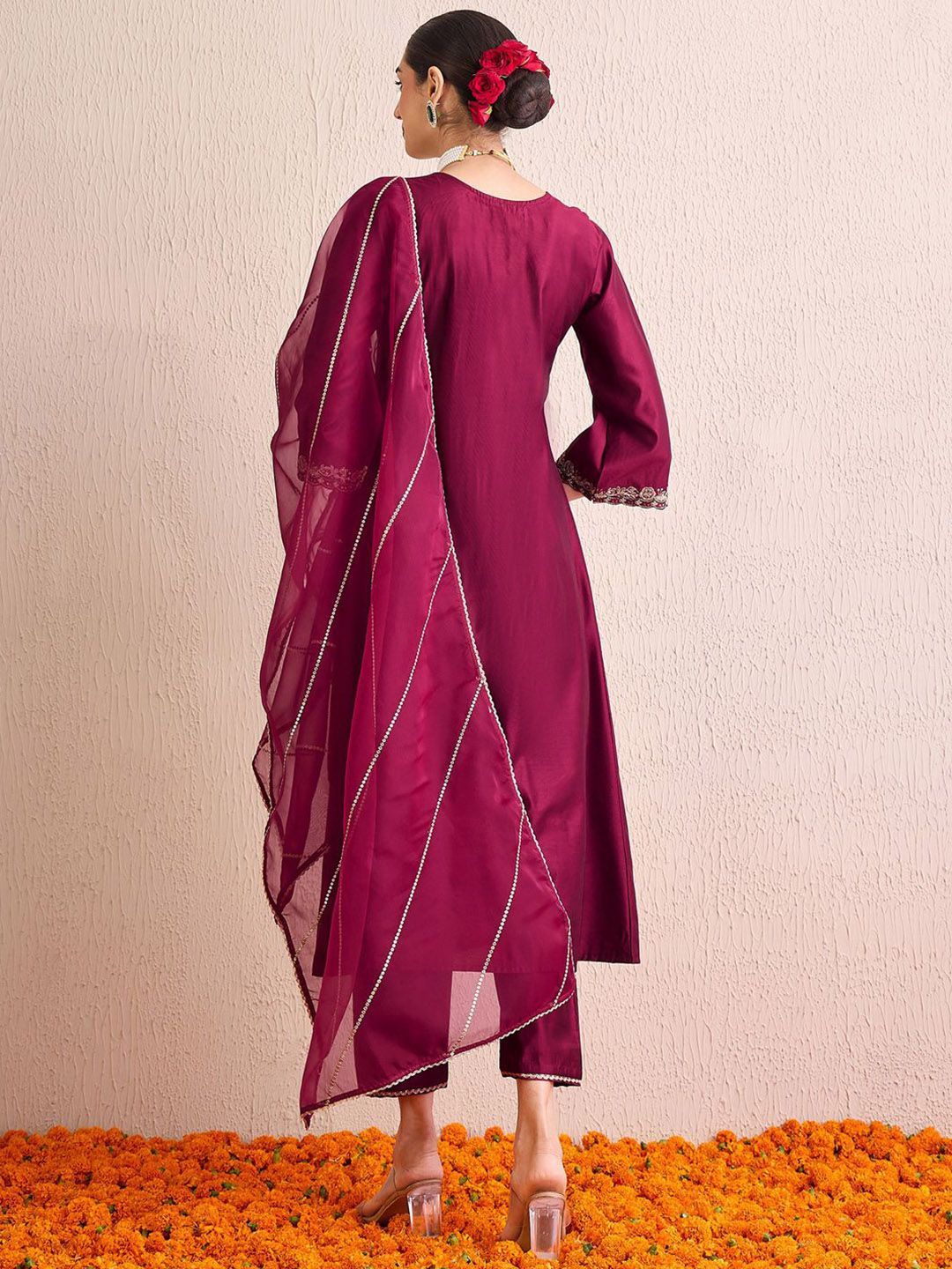 Women Floral Embroidered Pleated Thread Work Liva Kurta with Palazzos & With Dupatta