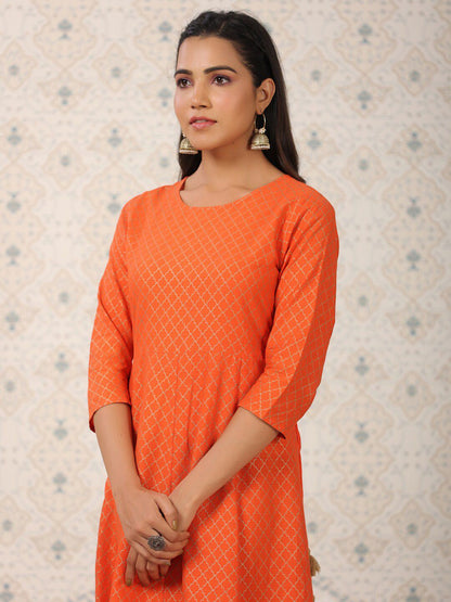 Dhiyona OD  Orange Coloured Ethnic Motifs Woven Design Anarkali Kurta