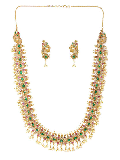 Dhiyona RJ Women's 22K Gold-Plated Green & Ruby Kundan Studed Handcrafted Necklace Set with Pearl Bead