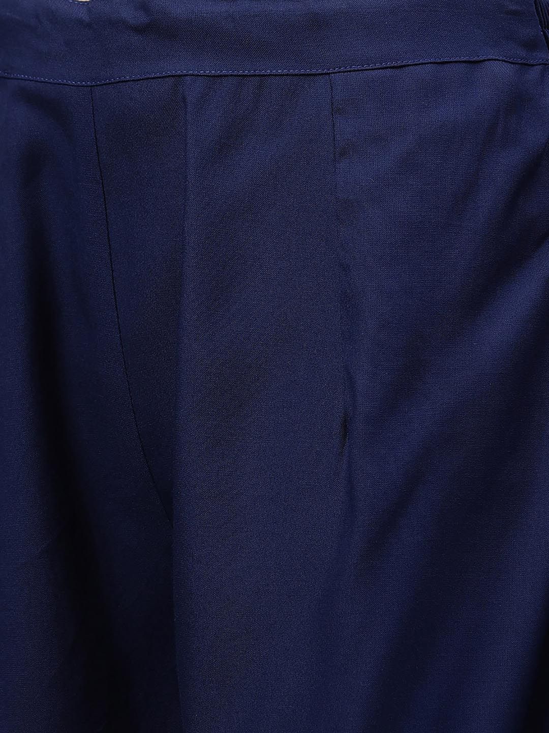 Women Navy Blue Ethnic Motifs Printed Liva Kurti Set & With Dupatta