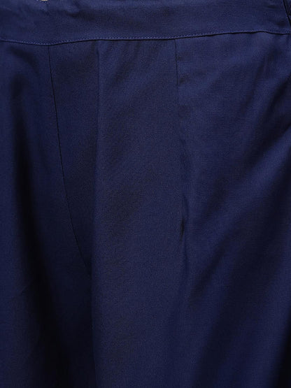 Women Navy Blue Ethnic Motifs Printed Liva Kurti Set & With Dupatta