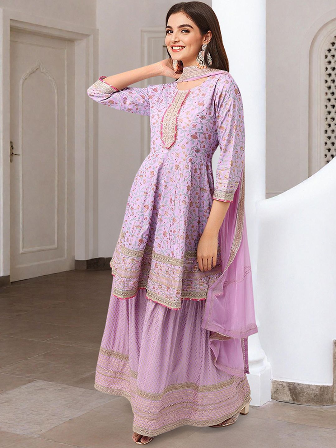 Dhiyona IS Women's Floral Printed Gotta Patti Pure Cotton Anarkali Kurta With Sharara And Dupatta