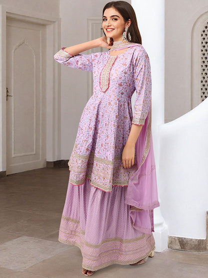 Dhiyona IS Women's Floral Printed Gotta Patti Pure Cotton Anarkali Kurta With Sharara And Dupatta