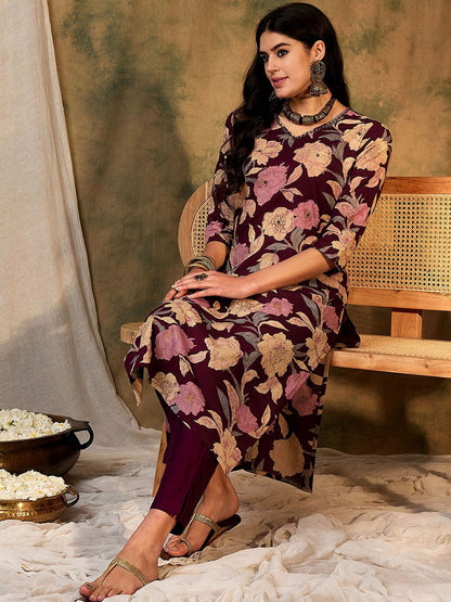 Dhiyona IE Floral Printed V-Neck Cotton Straight Kurta