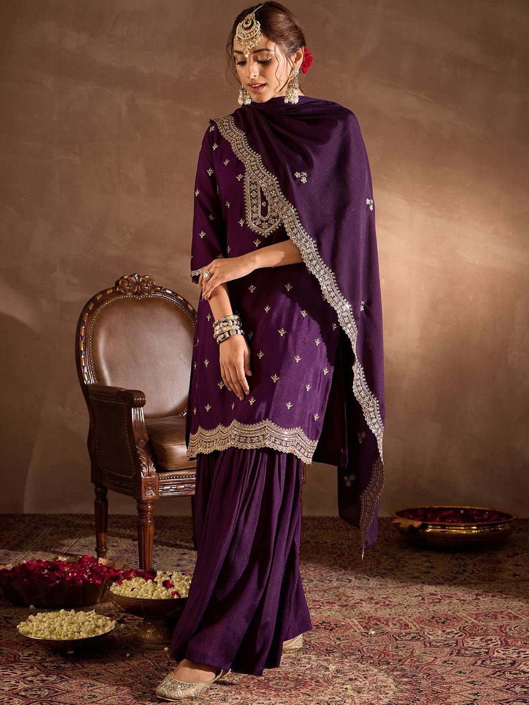 Dhiyona IE Ethnic Motifs Embroidered Sequinned Straight Kurta With Sharara & Dupatta