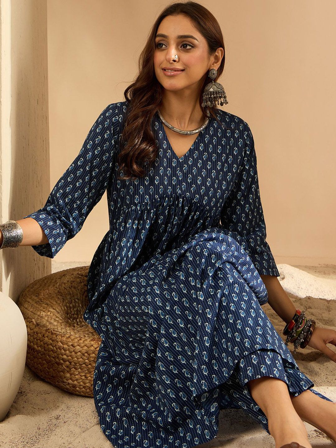 Dhiyona IE Women Ethnic Motifs Printed Empire Pure Cotton Kurta with Trousers