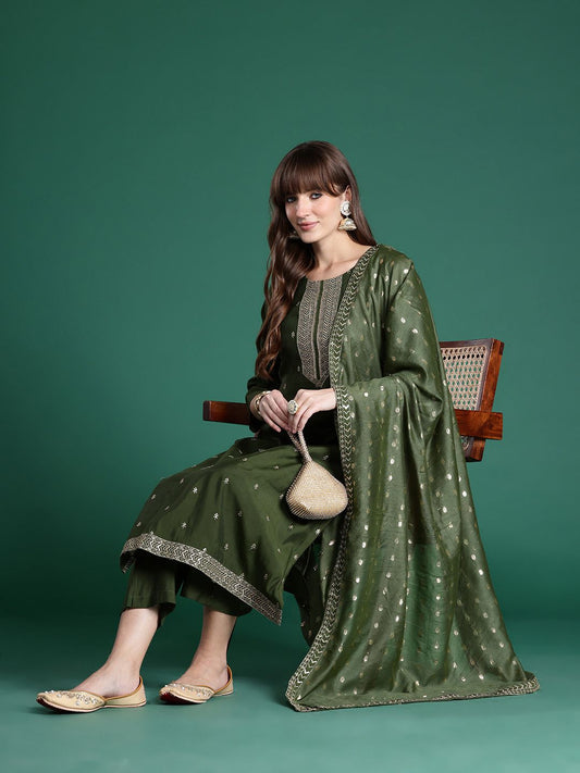 Dhiyona IE Ethnic Motifs Embroidered Sequinned Kurta with Trousers & Dupatta