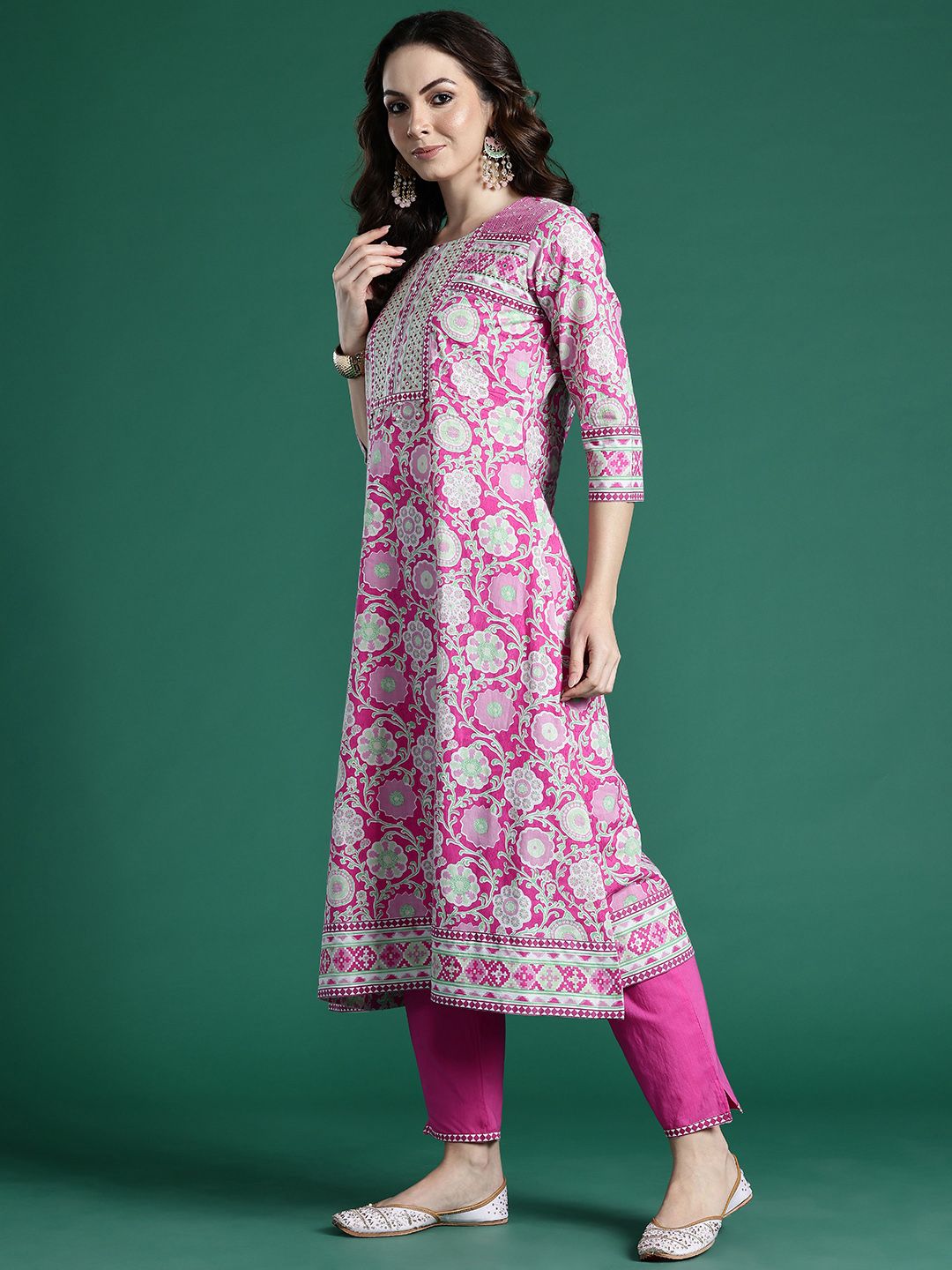 Floral Printed Pure Cotton Kurta with Trousers & Dupatta