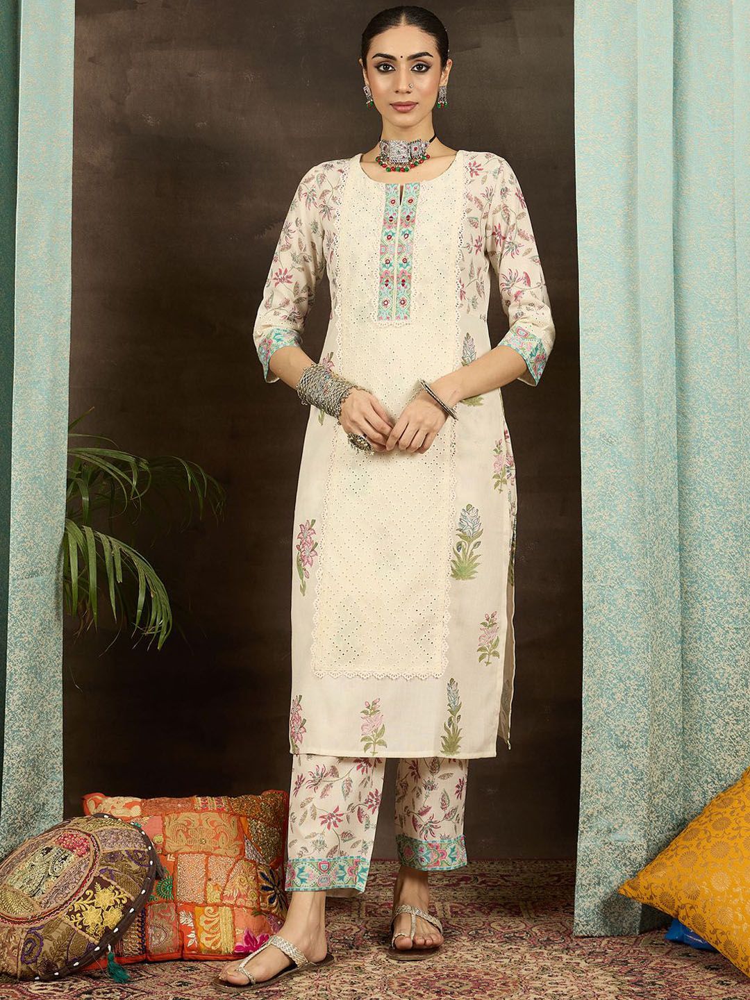 Dhiyona IE Floral Printed Notch Neck Mirror Work Straight Kurta With Trousers & Dupatta