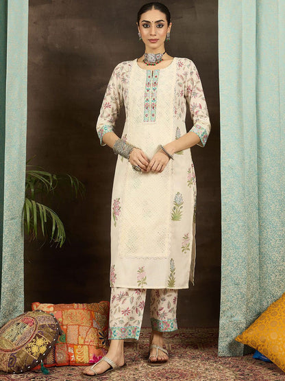 Dhiyona IE Floral Printed Notch Neck Mirror Work Straight Kurta With Trousers & Dupatta