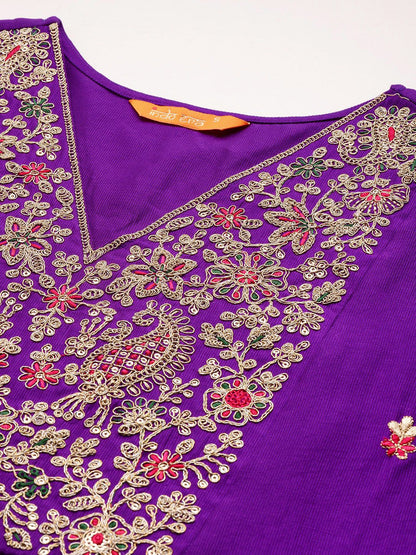Dhiyona IE Floral Embroidered Pleated Aari Work Liva Kurta With Trousers & Dupatta