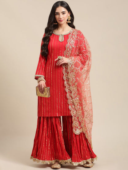Dhiyona VA Women's Red Embroidered Gotta Patti Kurta with Sharara & With Dupatta