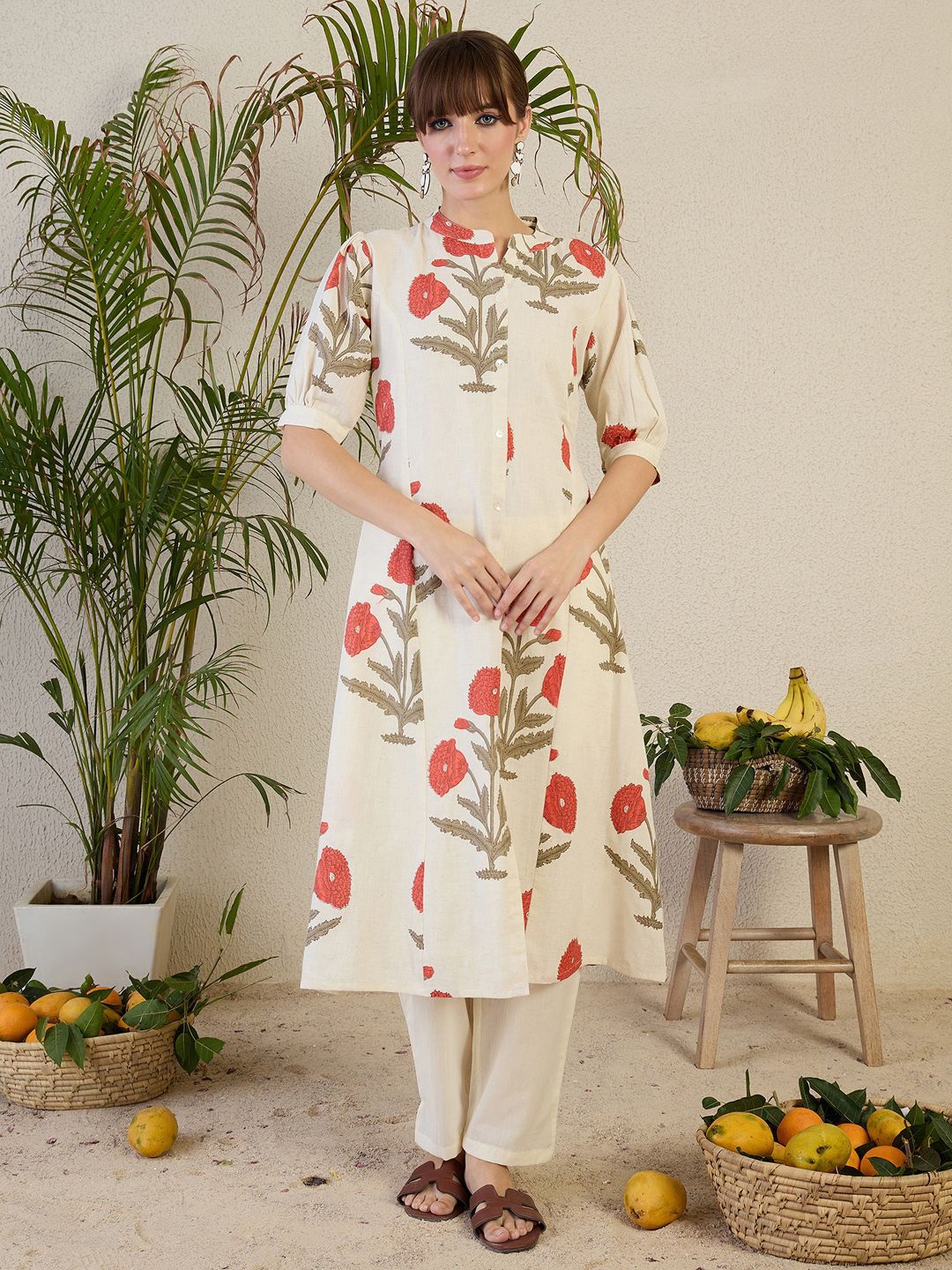 Dhiyona IE Floral Printed Mandarin Collar A-Line Kurta