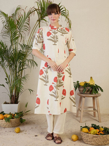 Dhiyona IE Floral Printed Mandarin Collar A-Line Kurta