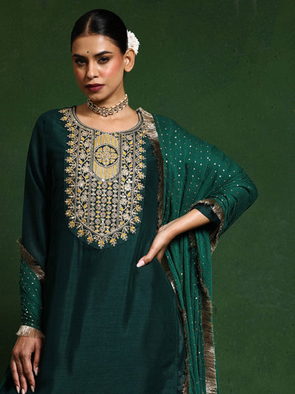 Dhiyona VA Women'sFloral Embroidered Cotton Silk Zari Work Straight Kurta With Trousers & Dupatta