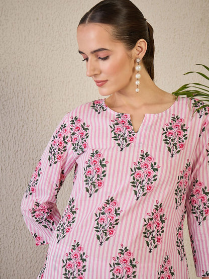 Adults-Women Floral Printed Cotton Kurta with Trousers