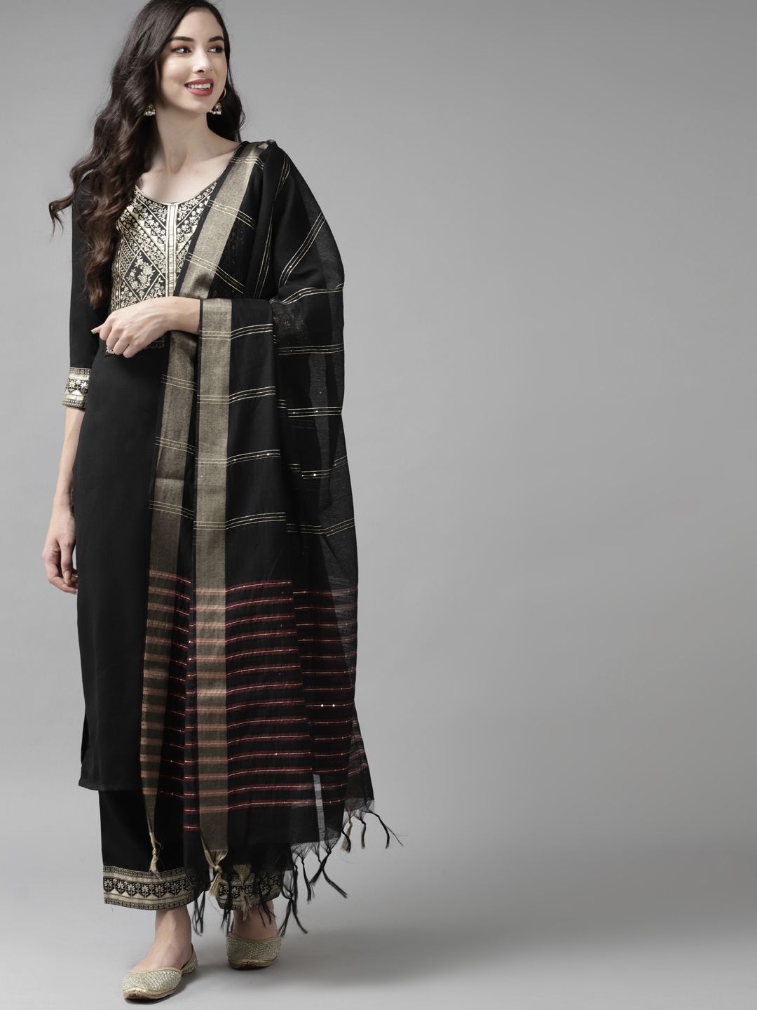 Dhiyona IE Women Black Yoke Design Regular Kurta with Palazzos & Dupatta