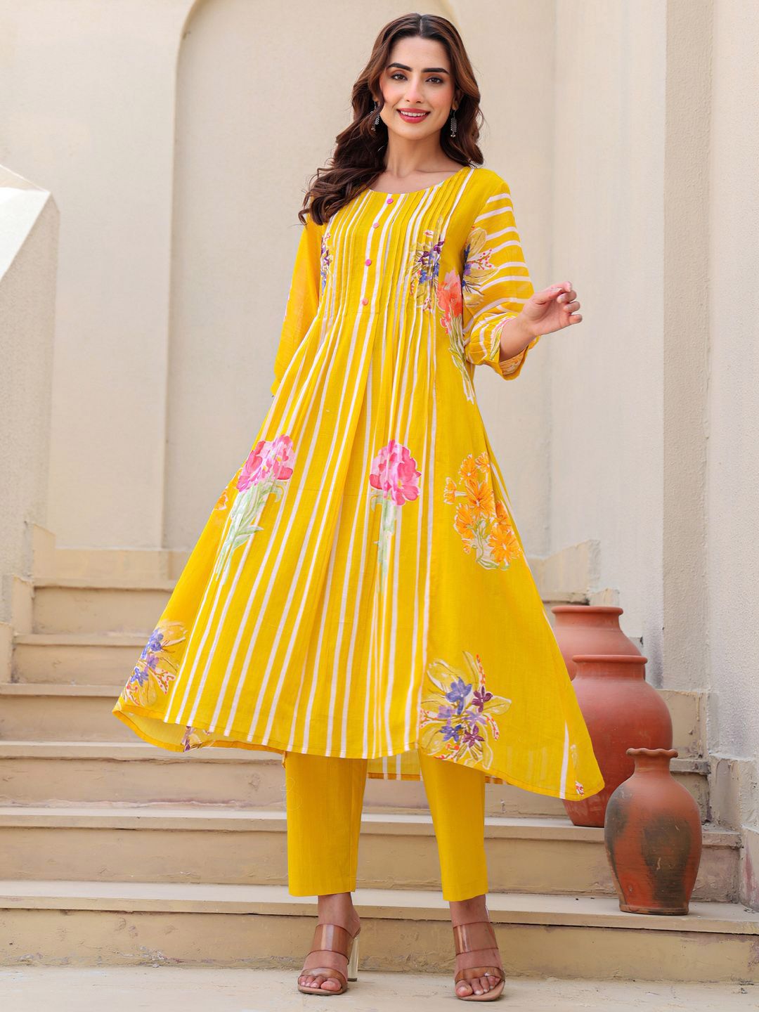 Dhiyona IE Floral Printed Pure Cotton Tunic With Trousers Co-Ords