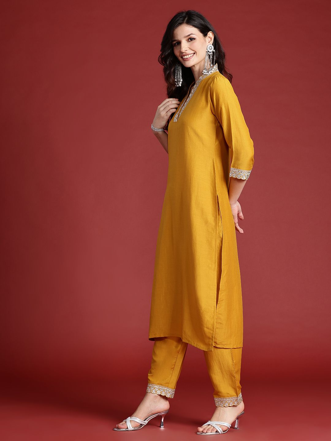 Ethnic Motifs Yoke Design Zari Kurta With Trousers & Dupatta