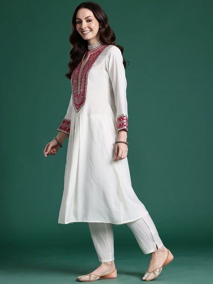 Ethnic Motifs Embroidered Pleated Mirror Work Kurta with Trousers