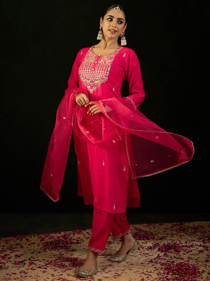 Floral Embroidered Sequinned Straight Kurta & Trousers With Dupatta