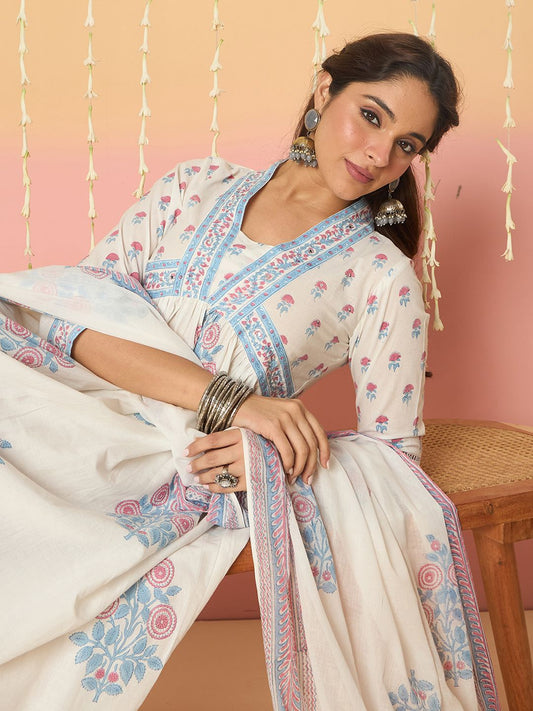 Dhiyona IE Women Floral Printed Sequinned Pure Cotton Kurta with Trousers & With Dupatta