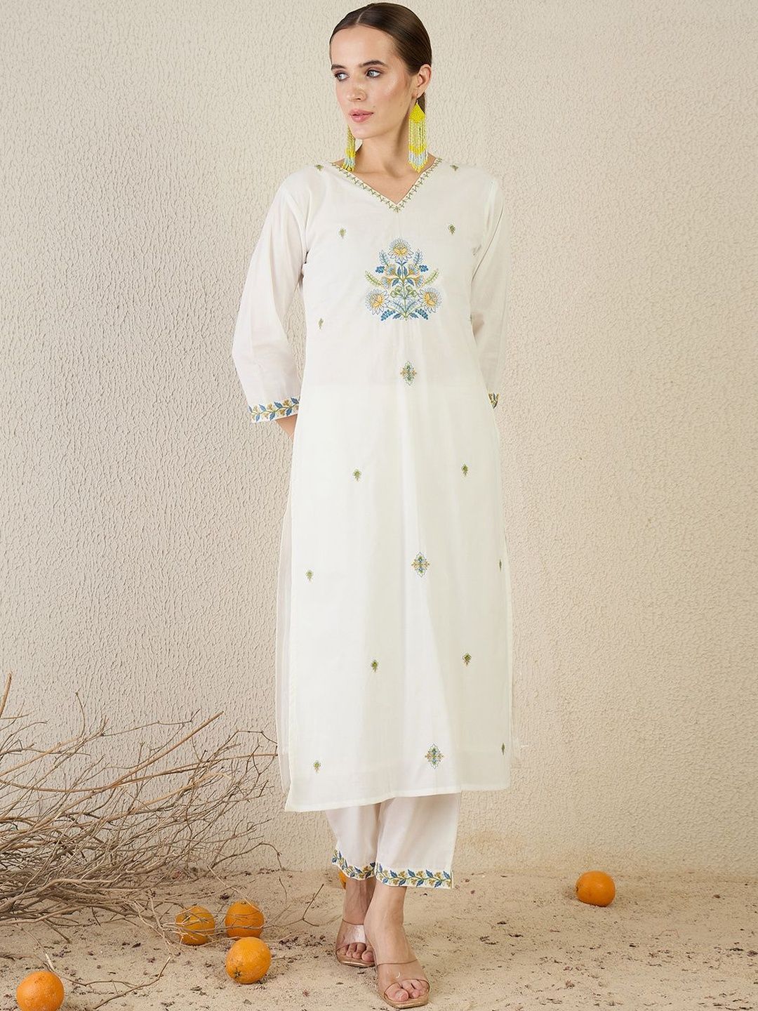 Women White Embroidered Straight Kurta Trousers With Dupatta set