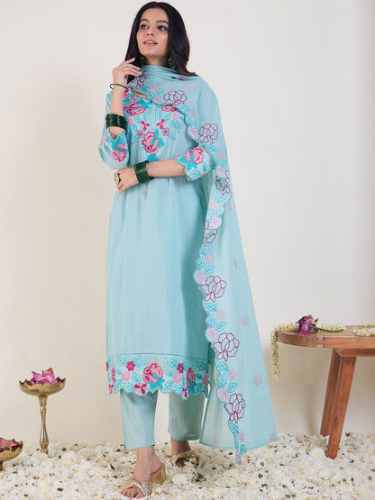 Floral Embroidered Thread Work Pure Cotton Kurta With Trousers & Dupatta