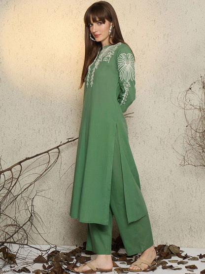 Dhiyona IE Women Embroidered Mandarin Collar Cotton Top and Trousers Co-Ords
